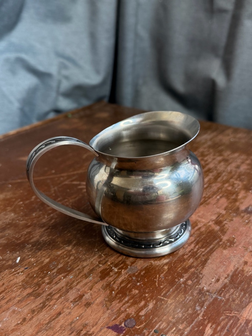Vintage Silver-Tone Creamer Pitcher - Shiny Metal Finish, ornamental handle